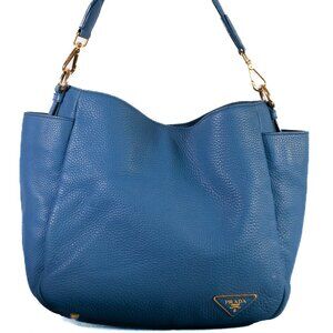 Authentic Prada Blue Vitello Daino Side Pocket Hobo Bag